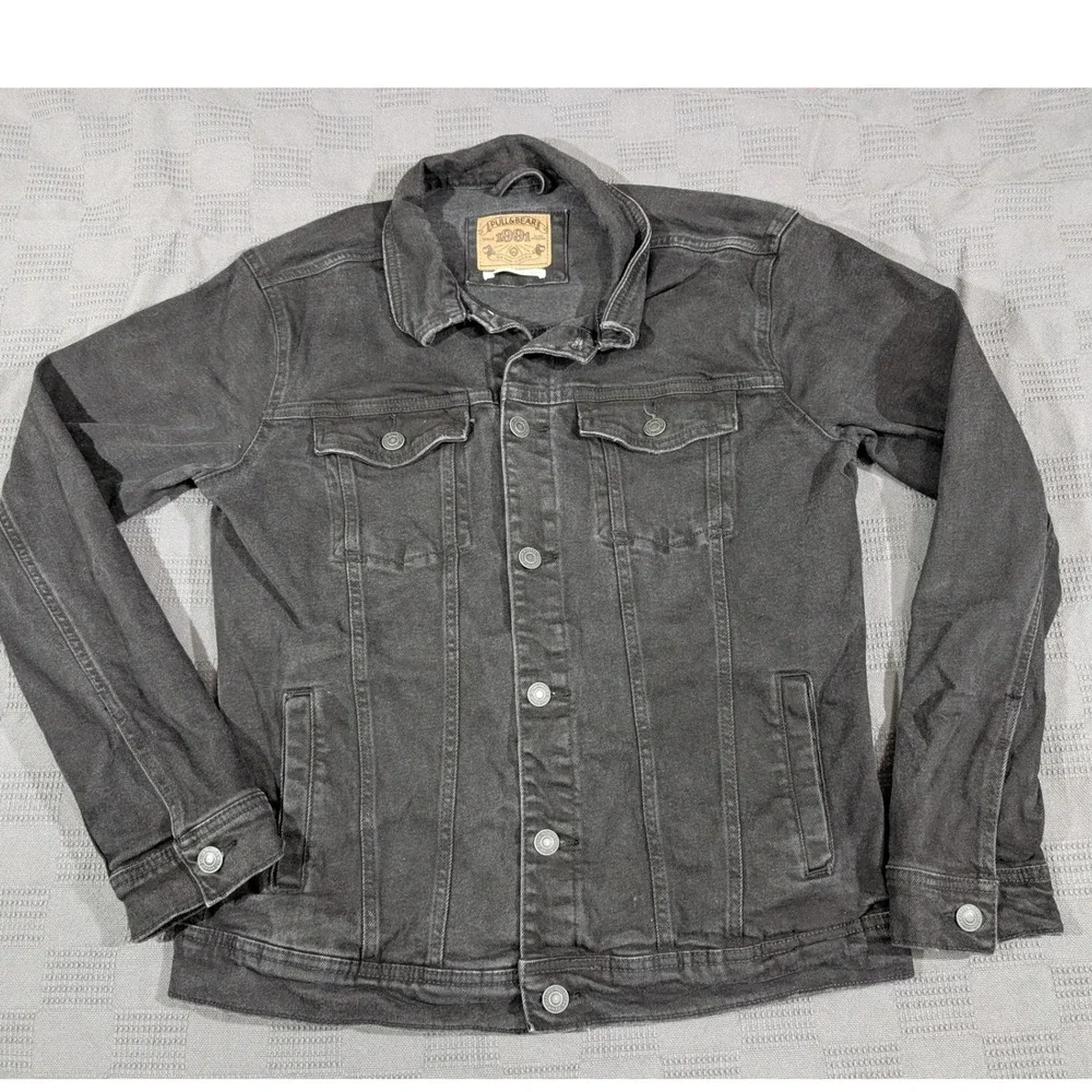 Pull&Bear Mens Washed Black Denim Trucker Jacket Large L Button Up Cotton